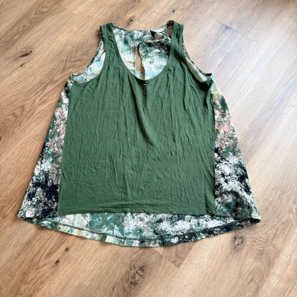 Deletta Anthropologie Mixed‎ Media Tank Top Green Abstract Print Keyhole Medium